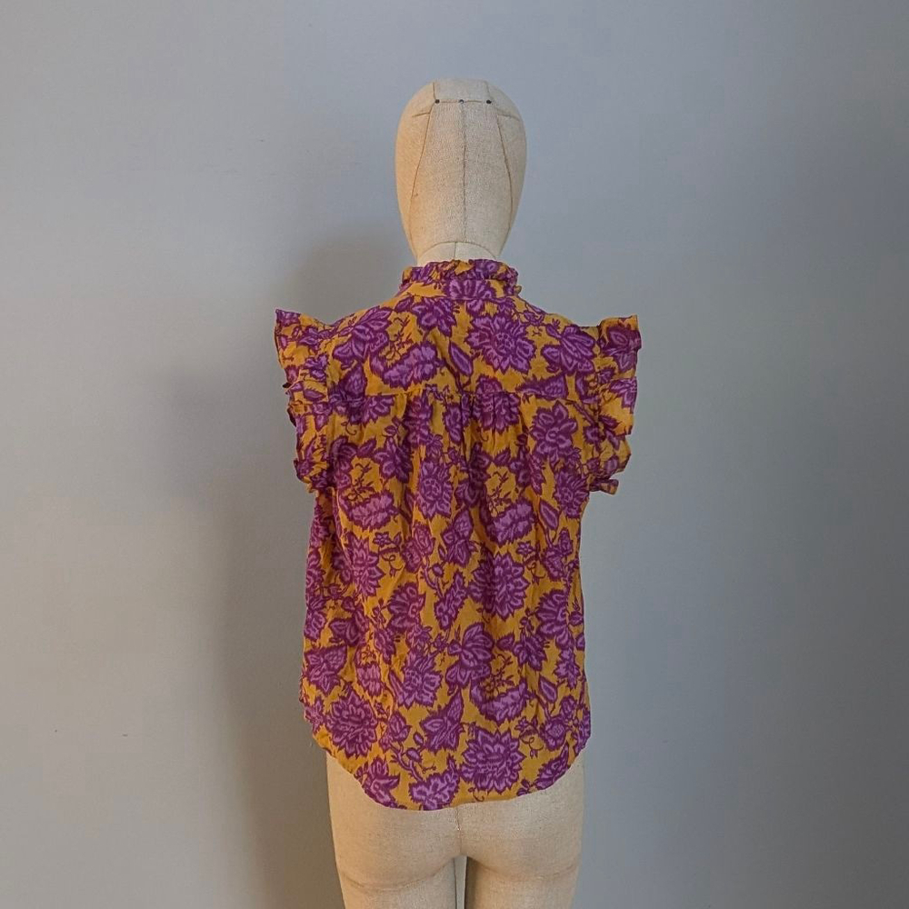 Xirena Yellow/Purple Floral Print Ruffle Neck Cotton Silk Blouse - XS - Picture 3 of 8